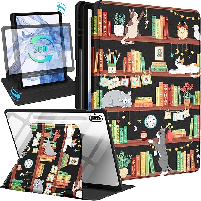 for Samsung Galaxy Tab S10 Fe Case - Tab S9 Fe/S9 Case with Pencil Holder Women Girls Cute Girly Pretty Cat and Book Unique Aesthetic Design Teens Rotating Tablet Cases Cover