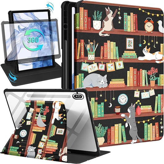 for Samsung Galaxy Tab S10 Fe Case - Tab S9 Fe/S9 Case with Pencil Holder Women Girls Cute Girly Pretty Cat and Book Unique Aesthetic Design Teens Rotating Tablet Cases Cover