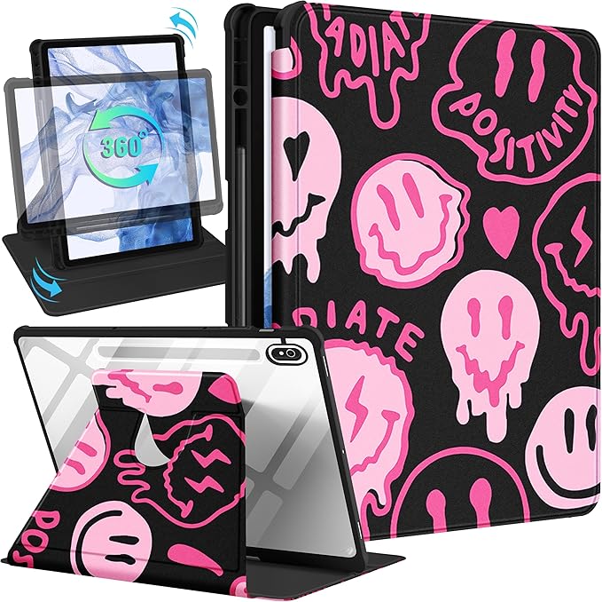 for Samsung Galaxy Tab S10 Fe Case - Tab S9 Fe/S9 Case with Pencil Holder Women Girls Cute Girly Pretty Smile Unique Aesthetic Design Teens Rotating Tablet Cases Cover