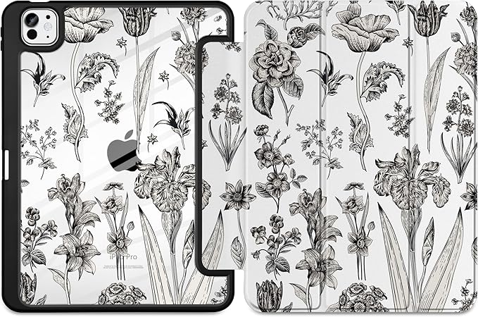 DONGKE for iPad Pro 11-Inch Case (M5 2025 / M4 2024) 6th/5th Generation [Auto Sleep/Wake &amp Pencil Pro Holder] Clear Acrylic Back Smart Trifold Stand Cover Black Florals