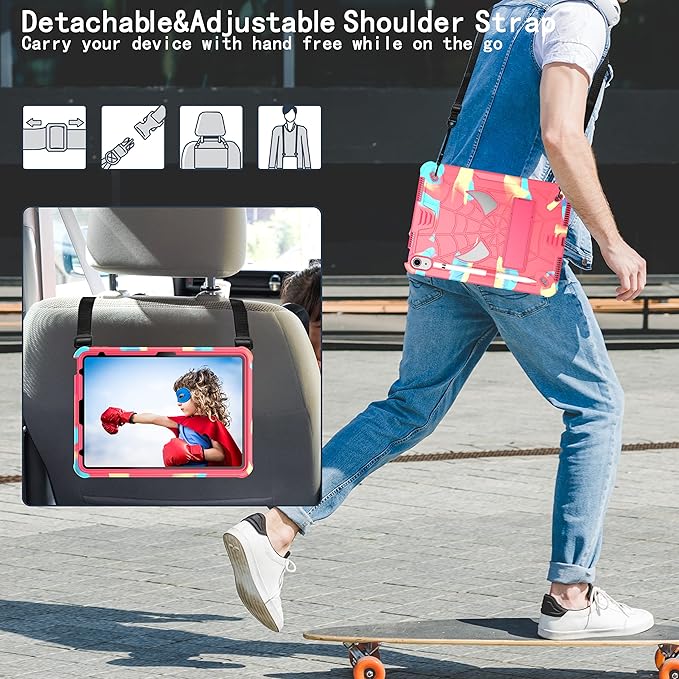Dteck for iPad A16 Kids Case BoysCute Cartoon Spider Child Friendly Hard Kickstand Cover with Pencil Holder Shoulder Strap Shockproof Rugged Protective 10.9 10 Gen Cool CaseColorful