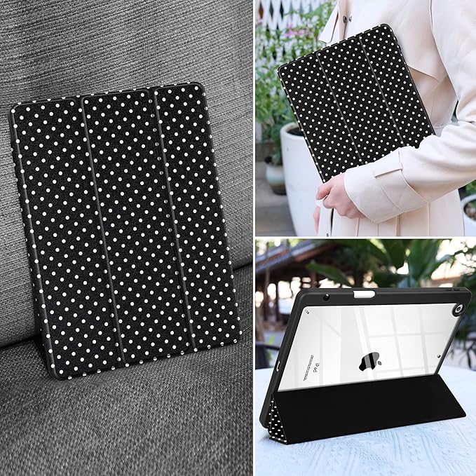 MEEgoodo Case for iPad 10.2 inchTablet Cases for iPad 9th Generation 2021/8th Gen 2020/7th Gen 2019 with Clear Acrylic Back Shell+Pencil Holder+Auto Wake/Sleep+Trifold Stand White Polka Dot