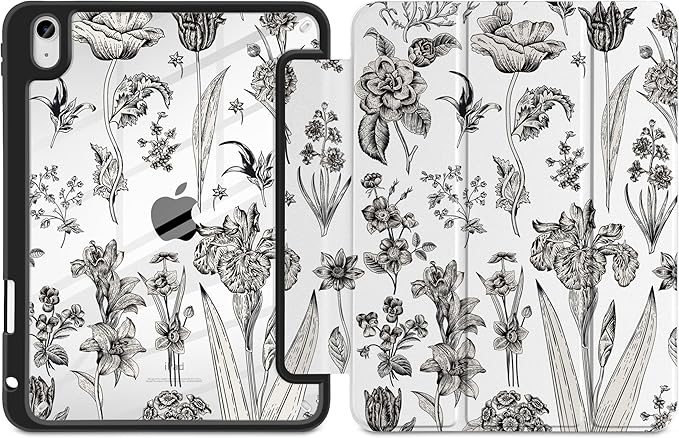 DONGKE Case for iPad Air 11-inch M4 2026 &amp M3 2025 &amp M2 2024 iPad Air 5th/4th Generation 10.9 2022/2020 [Built-in Pencil Holder] Clear Acrylic Back Trifold Stand Smart Cover Black Florals