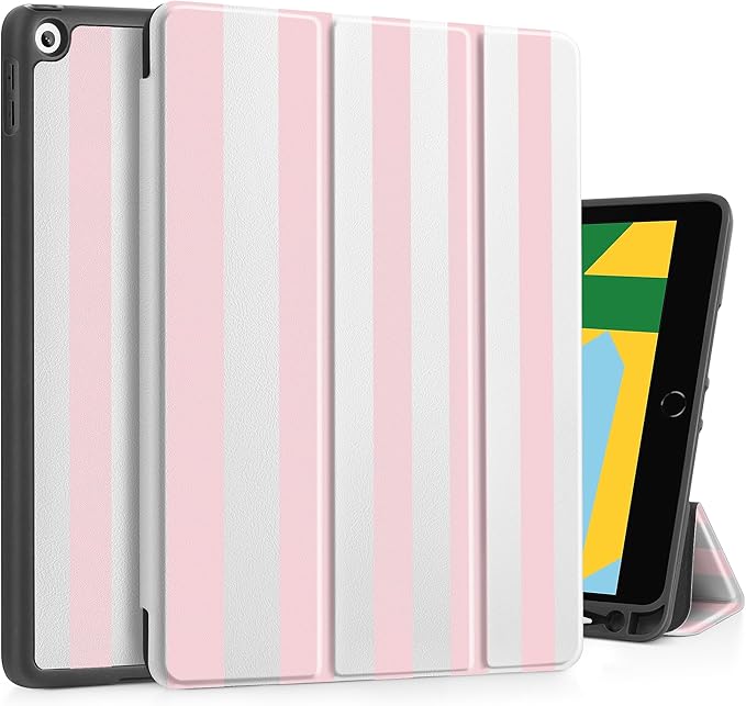 Tuiklol Case for iPad 10.2 Inch 2021 2020 2018 Release 9th / 8th / 7th Generation Built-in Pencil Holder TPU Protective Stand Back Cover Trifold Stand-Auto Wake/Sleep Striped Pink