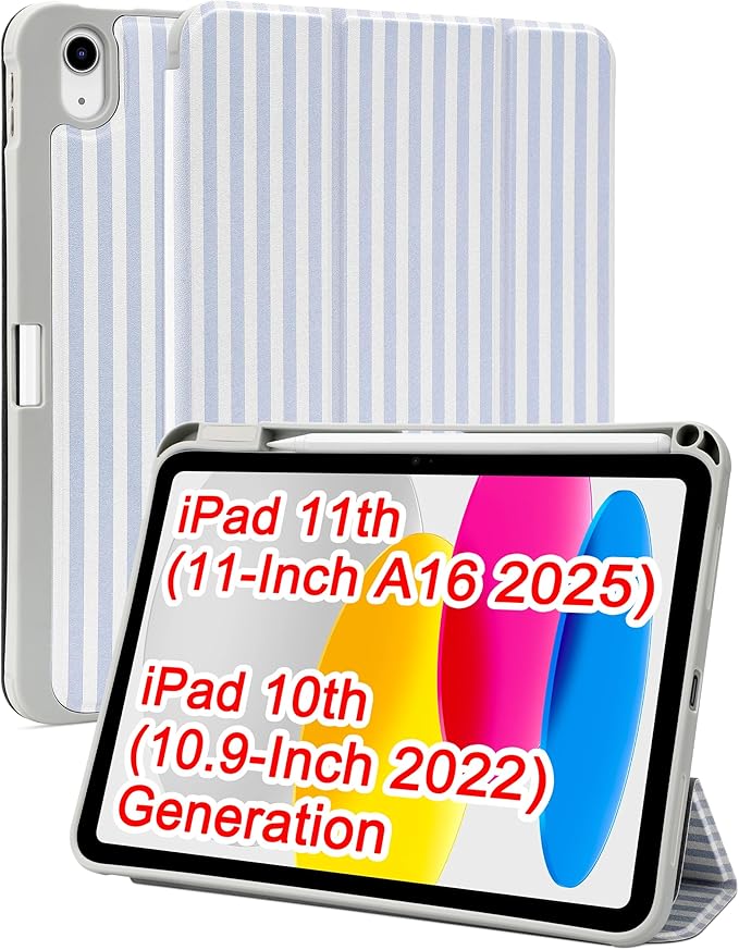 Compatible with iPad 11th (11-Inch A16 2025) iPad 10th (10.9-Inch 2022) Generation Case with Pencil Holder Cute Stripeds Aesthetic Design Soft TPU Trifold Stand Protective Blue