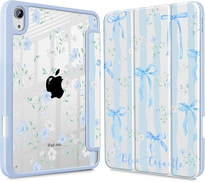 May Chen Slim Case for iPad mini 7 (A17 Pro 7th Generation) 2024 / iPad mini 6 (6th Gen) 8.3 Inch [Built-in Pencil Holder] Shockproof Cover Clear Clear Back Shell Auto Wake/Sleep Flower Blue Waves