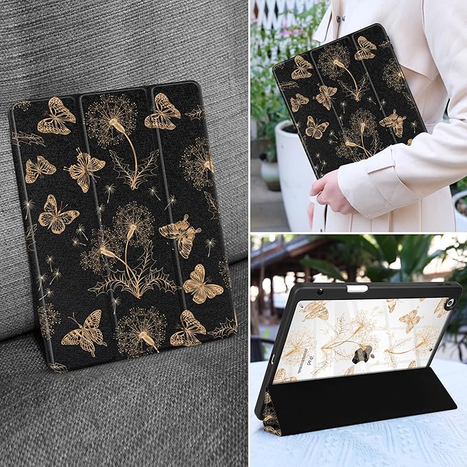 MEEgoodo Case for iPad 10.2 inchTablet Cases for iPad 9th Generation 2021/8th Gen 2020/7th Gen 2019 with Clear Acrylic Back Shell+Pencil Holder+Auto Wake/Sleep+Trifold StandButterflies &amp Dandeli