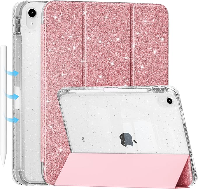 Tuiklol Sparkly Case for iPad (A16 Chip) 11th Gen 11 inch 2025 / iPad 10th Gen 10.9 inch 2022 Built in Pencil Holder with Glitter Clear Back Shell Cover Trifold Stand Auto Wake/Sleep Sparkly-Pink