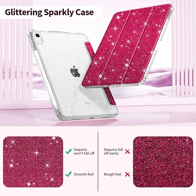 Tuiklol Sparkly Case for iPad (A16 Chip) 11th Gen 11 inch 2025 / iPad 10th Gen 10.9 inch 2022 Built in Pencil Holder with Glitter Clear Back Shell Cover Trifold Stand Auto Wake/Sleep Sparkly-Red