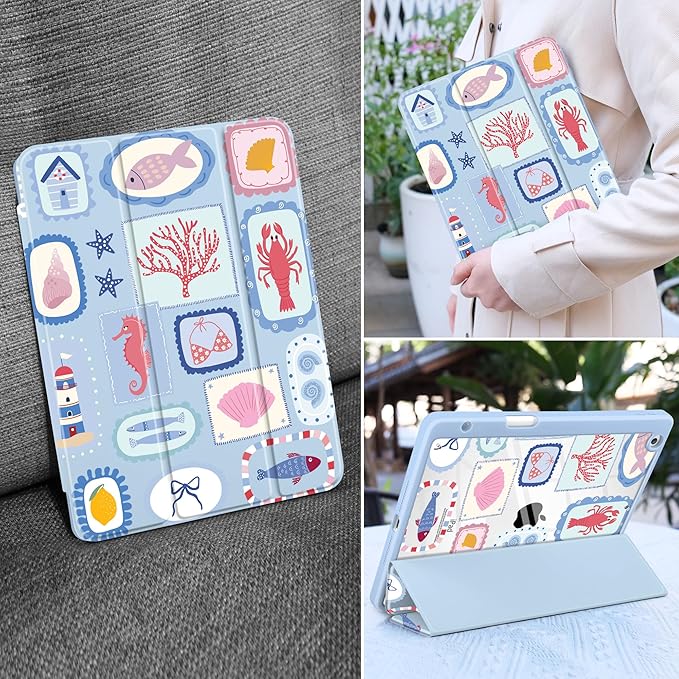MEEgoodo Case for iPad 10.2 inchTablet Cases for iPad 9th Generation 2021/8th Gen 2020/7th Gen 2019 with Clear Acrylic Back Shell+Pencil Holder+Auto Wake/Sleep+Trifold Stand Marine Stamps Pattern