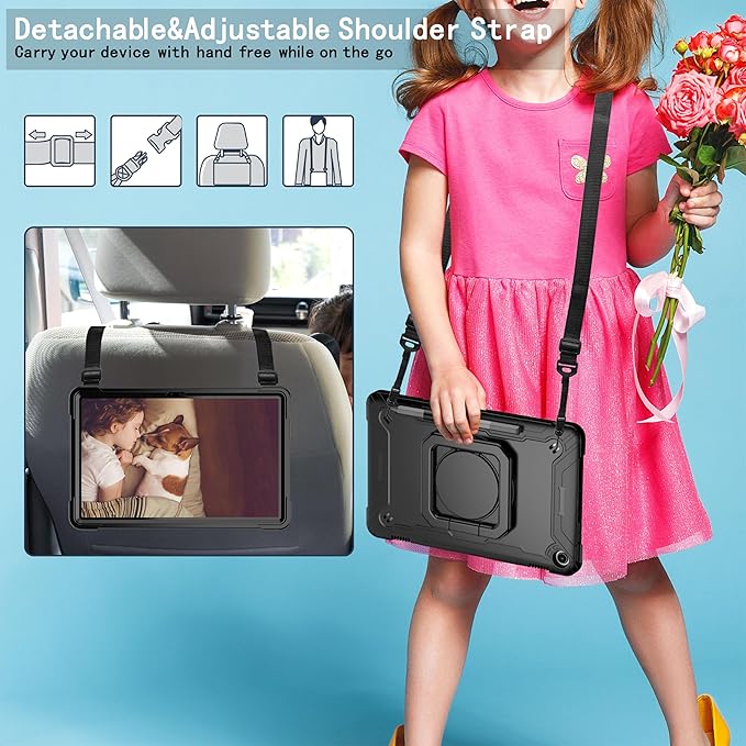 Case for Amazon Fire Max 11 inch Tablet (13th Generation 2023 Release) Hybrid Shockproof 360 Rotating Multi-Functional Ring Stand Case with Shoulder Straps (Black/Black)