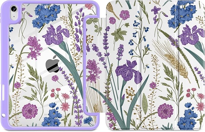 DONGKE Case for iPad (A16) 11th Generation 11 inch 2025 &amp iPad 10th Gen 10.9 inch 2022 [Built-in Pencil Holder] Clear Acrylic Back Trifold Stand Smart Cover Auto Sleep/Wake Purple Wildflower