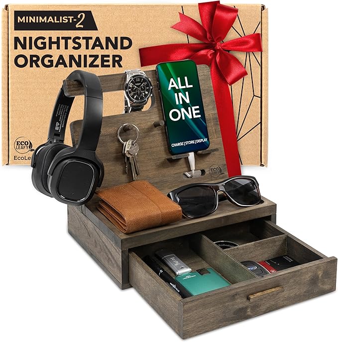 Nightstand Organizer for Men- Phone Docking Station with Drawer for Cellphone Watches Sunglasses &amp Accessories- Makes an Ideal Gift for Dad or Son (Rustic)