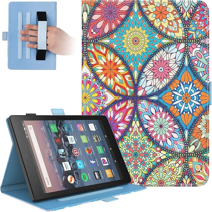 Dteck for Fire HD 8 Tablet Case (8th/7th/6th Generation-2018/2017/2016 Release) 8 Folio Case with Auto Sleep Wake &amp Stand Function with Hand Strap Protective PU Leather Cute Cover Stained Gla