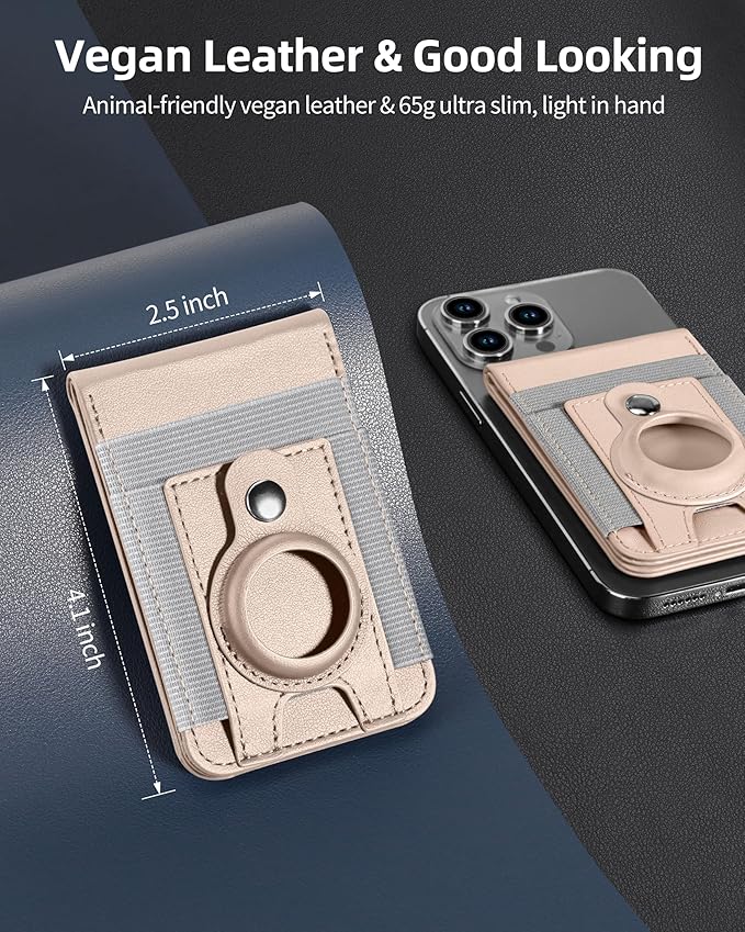 For Magsafe Wallet Stand with Airtag Holder Strongest Magnetic Wallet for iPhone 17/16/15/14/13/12 Series ID Window 10 Cards Holder Vegan Leather RFID Blocking Desert Titanium Gold