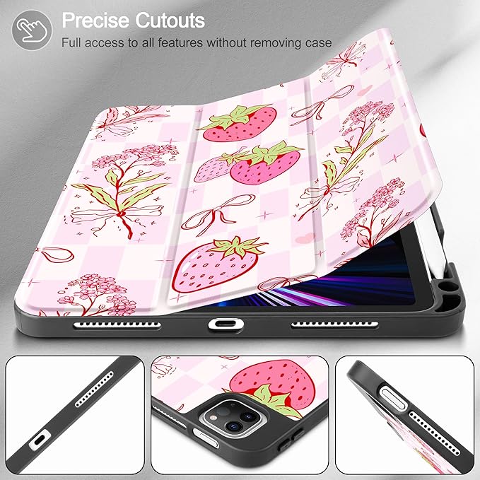 May Chen Case for iPad Pro 11 inch (4th 3rd 2nd &amp 1st Gen) 2022 2021 2020 2018Trifold Stand with Auto Wake/Sleep Soft TPU Protective Stand Back Cover Strawberry Bow