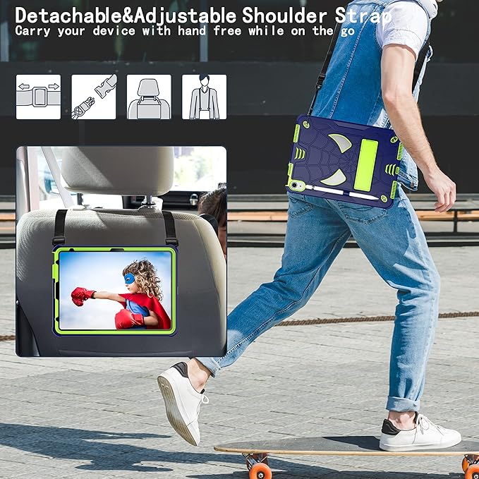 Dteck for iPad A16 Kids Case BoysCute Cartoon Spider Child Friendly Hard Kickstand Cover with Pencil Holder Shoulder Strap Shockproof Rugged Protective 10.9 10 Gen Cool CaseNavy/Green