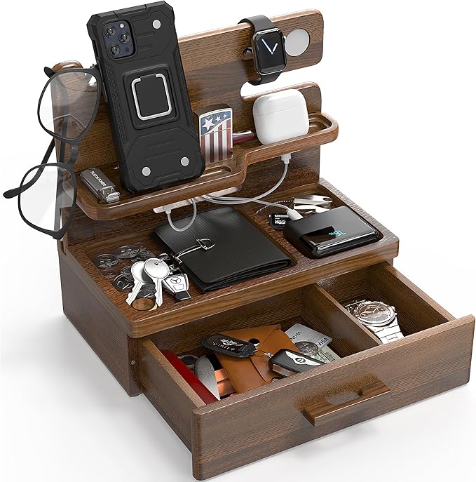 BarvA Phone Docking Station with Drawer Organizer | Night Stand Desk Charging Station | Upgraded Nightstand Organizer | Dresser Smart Watch Earbuds Phone Stand | Room Decor Gifts for Women Men Mom