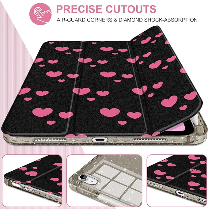 MEEgoodo Case for iPad A16 11th Generation 2025/10th Generation 2022 Glitter Tablet Cases with Transparent Acrylic Back+Trifold Stand +Pencil Holder+Auto Wake/SleepPink Hearts