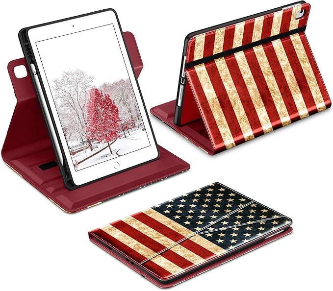 DTTO for iPad 6th / 5th Generation 9.7 Inch (2018/2017) iPad Air 2 / Air 1 Case 360 Degree Rotating Premium Leather Folio Stand Cover with Pencil Holder US Flag