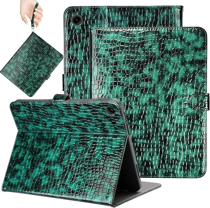 Elegant Case for Samsung Galaxy Tab A9 Plus 11 Inch 2023（Model: SM-X210/X216/X218） Premium Leather Crocodile Cover | Stand | Card Pockets| Wrist Strap| S Pen Holder (Dark Green Gradient)