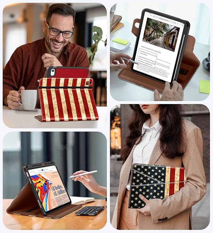 DTTO for iPad A16 Case iPad 11th / 10th Generation Case (2025/2022) 360 Degree Rotating Premium Leather Folio Stand Cover with Pencil Holder New US Flag