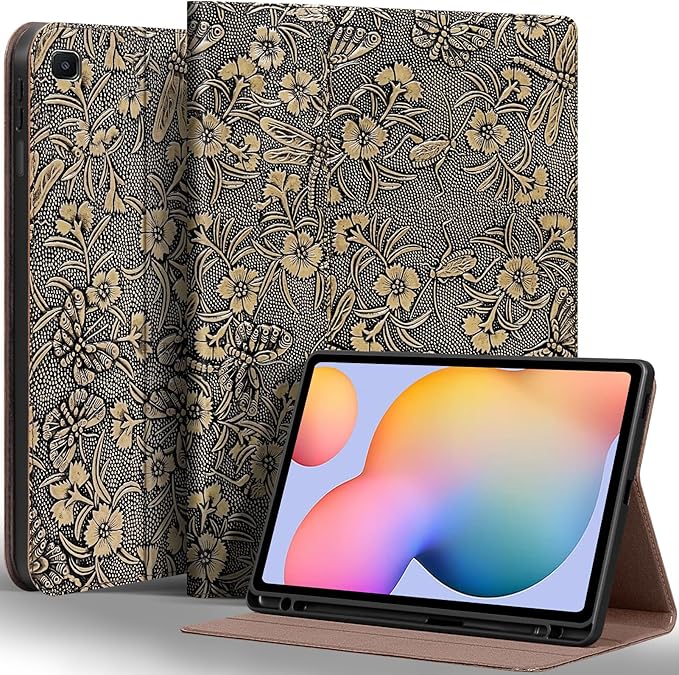 Gexmil Genuine Leather Case for Samsung Galaxy Tab S6 Lite 10.4 Inch with Pencil HolderShockproof Protective Adjustable Kickstand Smart Premium Folio Flip Tablet Cover Butterfly Grey