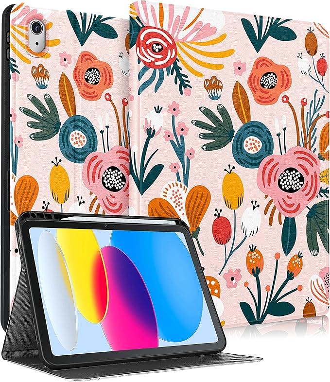 for iPad 10th Generation Case 10.9 Inch for iPad 11th(A16) 2025 Girls Cute Women Folio Cover with Pencil Holder Flowers Floral Aesthetic Girly Kawaii Teens Tablet Cases for Apple 10/11