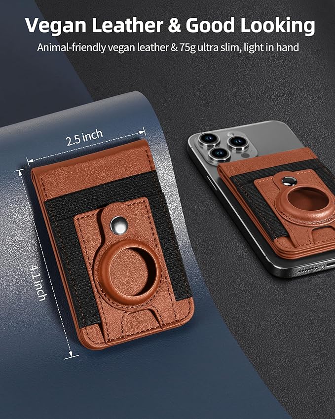 for Magsafe Wallet Stand with Airtag Holder Strongest Magnetic Wallet for iPhone 17/16/15/14/13/12 Series ID Window 4 Card Slots 10 Cards Holder Vegan Leather RFID Blocking Brown