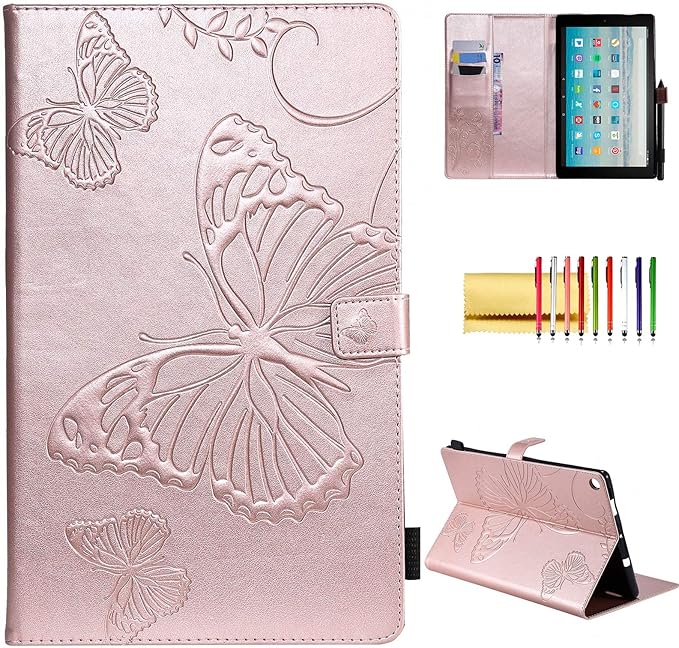 Case for Fire HD 10 Tablet Techcircle Butterfly Embossed Slim Folding Stand Cover with Credit Card/Cash Holder Case for Amazon Fire HD 10.1 5th/7th/9th Generation-2015/2017/2019 Release Rose Gold