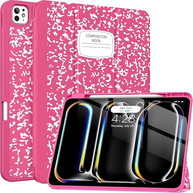 Soke Case for New iPad Pro 13 Inch (M5/M4 2025/2024 Release) with Pencil Holder Trifold Stand Shockproof [Support Apple Pencil Charging + Auto Wake/Sleep] Soft TPU Back Cover Book Hot Pink