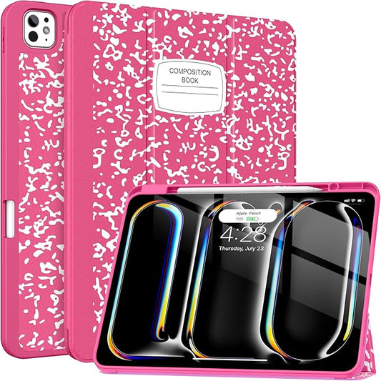 Soke Case for New iPad Pro 13 Inch (M5/M4 2025/2024 Release) with Pencil Holder Trifold Stand Shockproof [Support Apple Pencil Charging + Auto Wake/Sleep] Soft TPU Back Cover Book Hot Pink