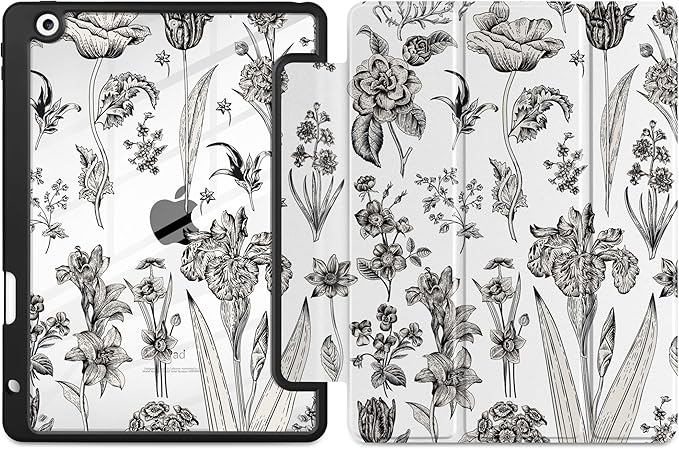 DONGKE for iPad 9th/8th/7th Generation Case 10.2 Inch (2021/2020/2019) [Auto Sleep/Wake &amp Pencil Holder] Clear Acrylic Back Trifold Stand Cover Black Florals