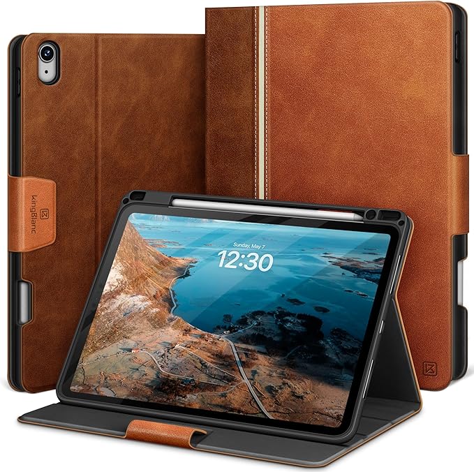 KingBlanc for iPad Air 11-inch Case M4 2026/M3 2025/M2 2024 iPad Air 5th/4th Generation (2022/2020 10.9) with Pencil Holder Vegan Leather Stand Cover Auto Sleep Wake Viewing/Typing Angle Brown
