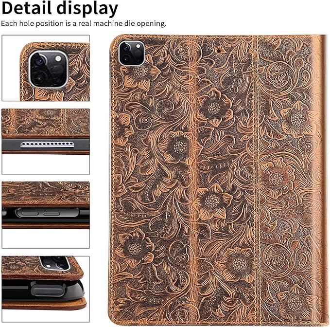 Gexmil Genuine Leather Case for iPad pro 11 Inch 2022/2021 4th/3rd Gen iPad Pro 11 2020/2018 Cover 2nd/1st Gen. CoverReal Leather Cowhide ShockproofFloral Pattern