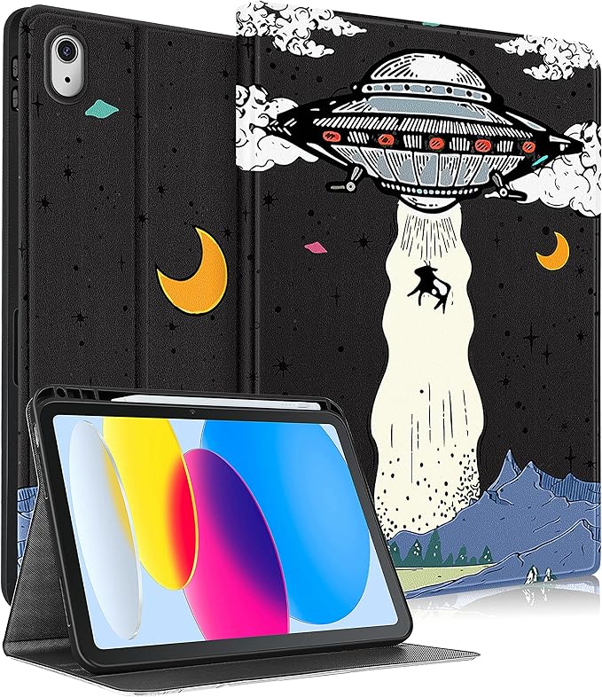 for iPad 10th Generation Case 10.9 Inch for iPad 11th(A16) 2025 Girls Cute Boys Kids Women Folio Cover with Pencil Holder UFO Cool Design Funny Fun Men Teens Tablet Cases for Apple 10/11