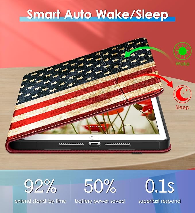 DTTO Rotating Case for iPad 9th/8th/7th Generation 10.2 Inch 2021/2020/2019 360 Degree Swiveling Premium Leather Folio Stand Cover with Pencil Holder - Auto Wake/Sleep and Hand Strap US Flag
