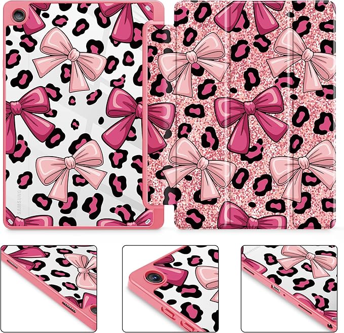 Tuiklol for Samsung Galaxy Tab A9+ Tablet 11” / A9+ Plus 2024 2023Buit-in S-Pen Holder with Clear Protective Cover Transparent Back Shell Auto Wake/Sleep Samsung Tab A9 Plus CoverLeopard Print Bow