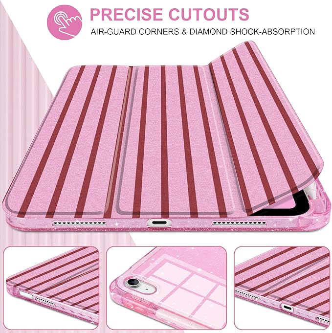 DONGKE for iPad Case 9th/8th/7th Generation 10.2 Inch (2021/2020/2019) Shockproof Glitter Acrylic Back with Trifold Stand Pencil Holder &amp Auto Sleep/Wake - Pink Stripes