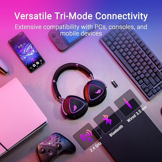 ASUS ROG Delta II Wireless Gaming Headset with Detachable Mic – Tri-Mode (BT 2.4GHz 3.5mm) 50mm Titanium-Plated Drivers 110Hr Battery Lightweight for PC PS5 PS4 Xbox Switch Mobile - Black