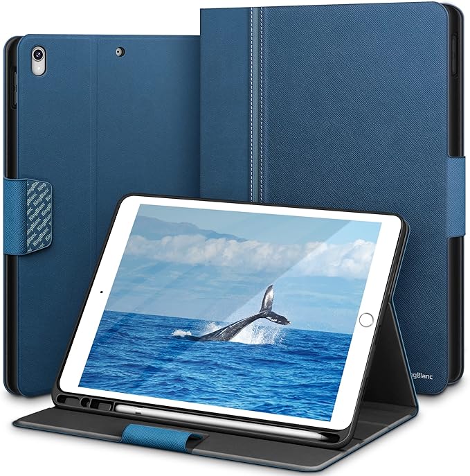 KingBlanc Case for iPad Air (3rd Generation) 10.5 2019 / iPad Pro 10.5 inch 2017 Case with Apple Pencil Holder Vegan Leather Smart Cover Auto Sleep/Wake Multi-Angle Folding Blue