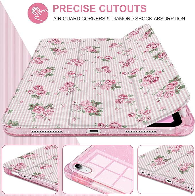 TWOLSKOO Sparkly Case for iPad Pro 11 inch (M5 2025 / M4 2024) Glitter Hard Acrylic Back with Pencil Holder Slim Trifold Stand Folio Cover Auto Sleep/Wake Roses