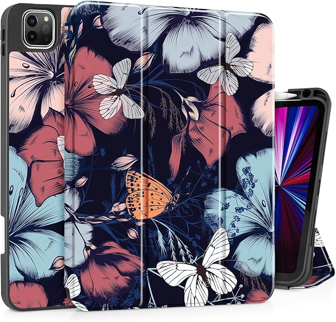 May Chen Case for iPad Pro 11 inch (4th 3rd 2nd &amp 1st Gen) 2022 2021 2020 2018 Trifold Stand + Pencil Holder + Auto Wake/Sleep + Soft TPU Protective Stand Back Cover Flowers &amp Butterflies
