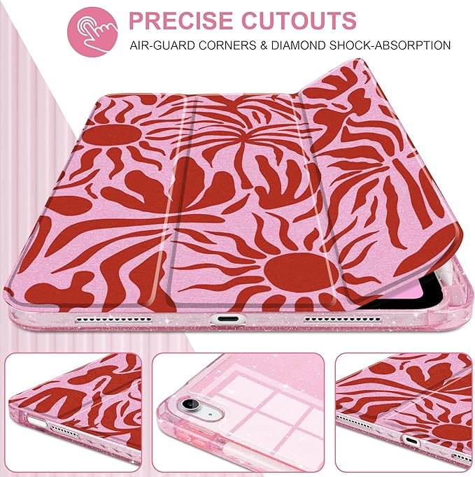 MEEgoodo Case for iPad A16 11th Generation 2025/10th Generation 2022 Glitter Tablet Cases with Transparent Acrylic Back+Trifold Stand +Pencil Holder+Auto Wake/SleepAbstract Sun &amp Palm Tree