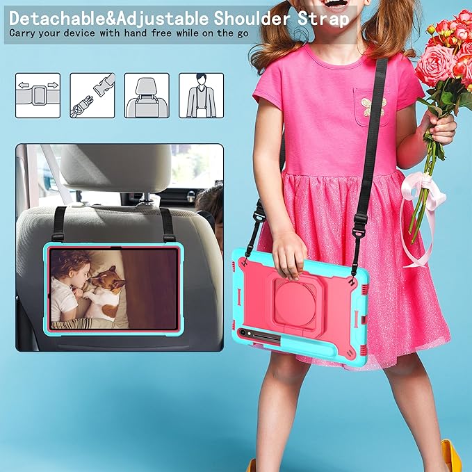 Case for Galaxy Tab S9 FE+/Tab S9+ 12.4 inch Rugged Armor Heavy Duty Hybrid Cover with Adjustable Stand and Handle for Tab S9 Plus 12.4 with Shoulder Strap and S Pen Holder (Teal/Pink)