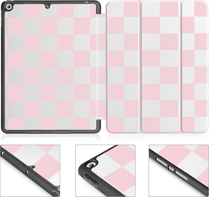 Tuiklol Case for iPad 10.2 Inch 2021 2020 2018 Release 9th / 8th / 7th Generation Built-in Pencil Holder TPU Protective Stand Back Cover Trifold Stand-Auto Wake/Sleep Lattice Pink