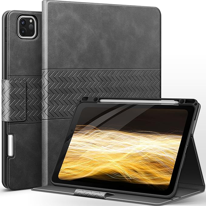auaua Case for iPad Pro 12.9 6th/5th/4th/3rd Generation 2022/2021/2020/2018 Slim Durable Leather Stand Cover with Pencil Holder Auto Sleep/Wake (Grey)