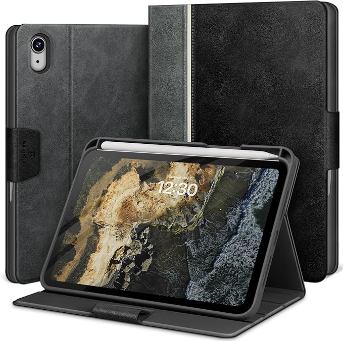 KingBlanc Case for iPad mini 7 (A17 Pro) iPad mini 7th/6th Generation (2024/2021 8.3 inch) with Pencil Holder Vegan Leather Stand Cover Auto Sleep/Wake Adjustable Viewing/Drawing Angle Black