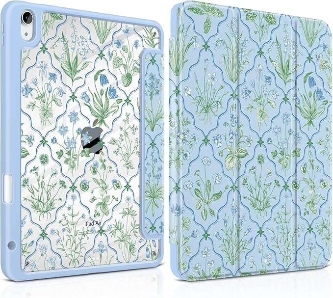 DONGKE Case for iPad Air 11-inch M4 2026 &amp M3 2025 &amp M2 2024 iPad Air 5th/4th Generation 10.9 2022/2020 [Built-in Pencil Holder] Clear Acrylic Back Trifold Stand Smart Cover Lattice Floral