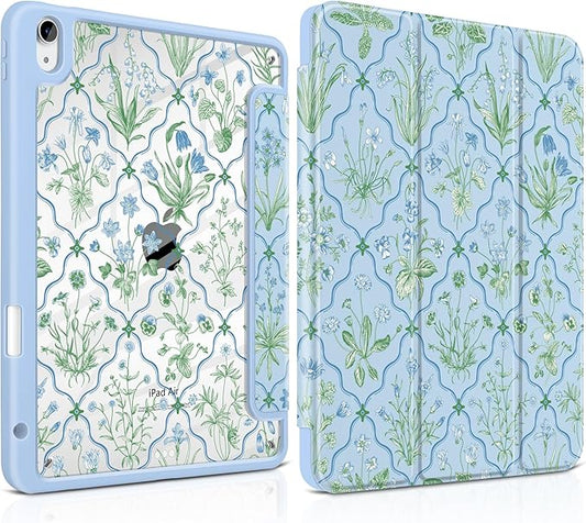 DONGKE Case for iPad Air 11-inch M4 2026 &amp M3 2025 &amp M2 2024 iPad Air 5th/4th Generation 10.9 2022/2020 [Built-in Pencil Holder] Clear Acrylic Back Trifold Stand Smart Cover Lattice Floral